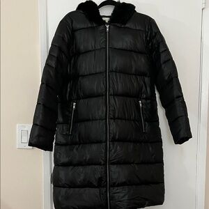 Lovers + Friends Black Puffer Jacket with Faux Fur Collar